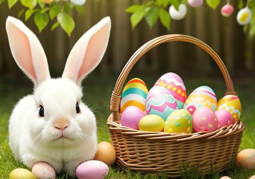 Easter bunny with colorful eggs in nest. ai generative