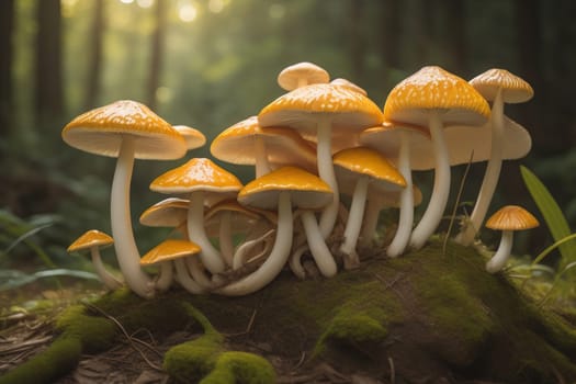 Mushrooms on a solid color background with green moss and water drops. generative ai