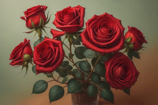 Red roses background. Top view of beautiful red roses with green leaves. ai generative