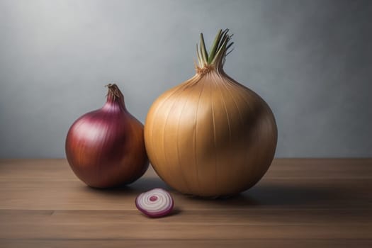 Three onions on a wooden table in front of a solid color background. ai generative