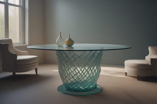 a glass table in a room. ai generative