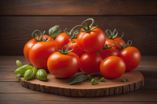 Tomatoes on a wooden table on a dark background. ai generative