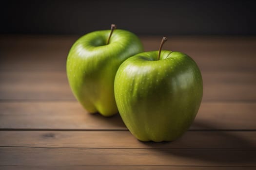 Green apple on a wooden table with dark background, shallow depth of field. The concept of healthy eating. ai generative