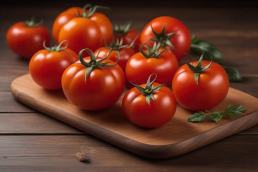 Tomatoes on a wooden table on a dark background. ai generative