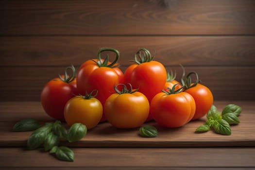 Tomatoes on a wooden table on a dark background. ai generative