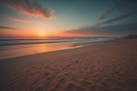Beautiful sunset on the beach with reflection in the water. Long exposure. ai generative