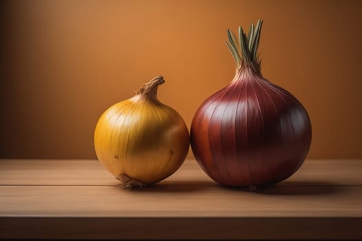 Three onions on a wooden table in front of a solid color background. ai generative