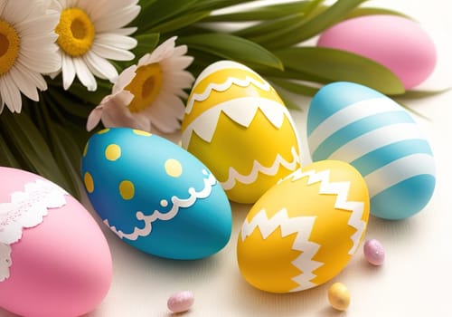 Easter bunny with colorful eggs in nest. ai generative