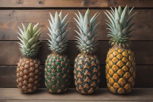 Pineapples on a wooden background. ai generative