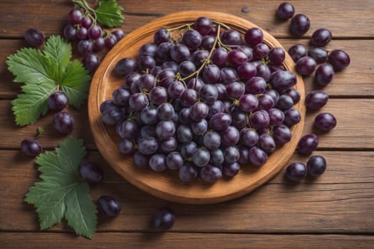 Bunch of fresh grapes on wooden table. Vintage style toned picture. ai generative