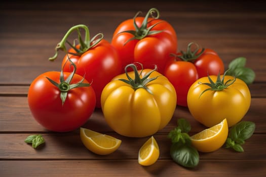 Tomatoes on a wooden table on a dark background. ai generative