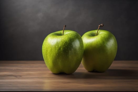 Green apple on a wooden table with dark background, shallow depth of field. The concept of healthy eating. ai generative