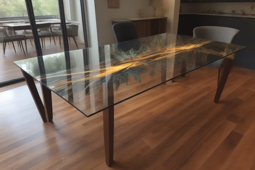 a glass table in a room. ai generative