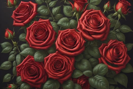 Red roses background. Top view of beautiful red roses with green leaves. ai generative