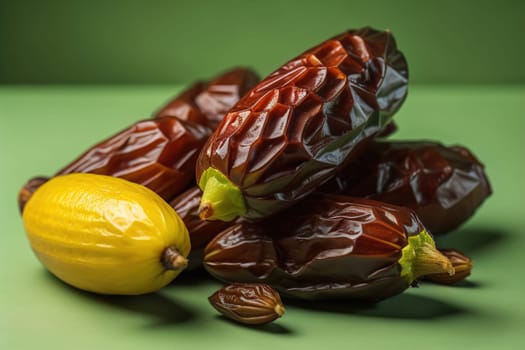 Dried fruits of date palm on a solid color background. Toned. ai generative