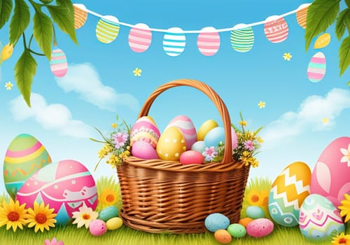 Easter bunny with colorful eggs in nest. ai generative