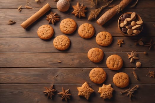 Cookies on a wooden table. Top view. ai generative