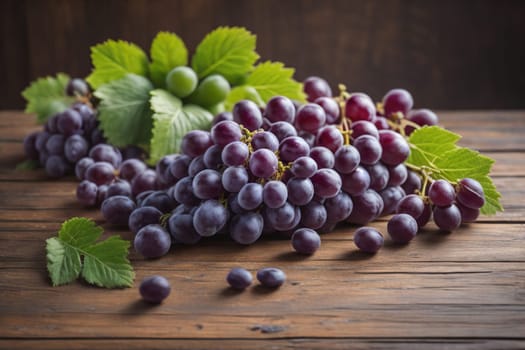 Bunch of fresh grapes on wooden table. Vintage style toned picture. ai generative