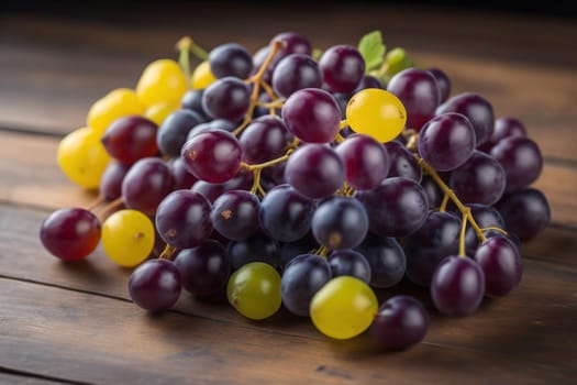Bunch of fresh grapes on wooden table. Vintage style toned picture. ai generative
