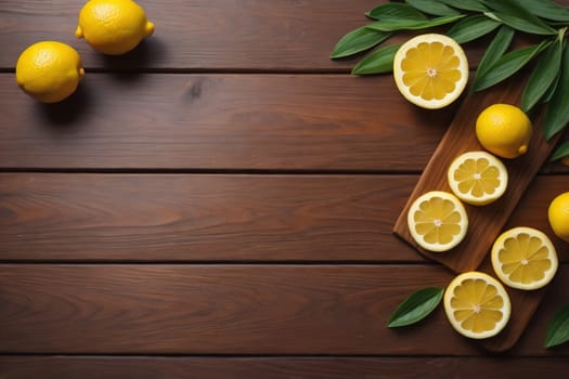 Lemon and slice of lemon on wooden background. Top view. ai generative