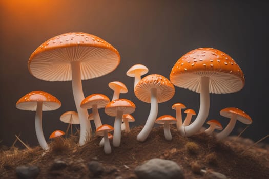Mushrooms on a solid color background with green moss and water drops. generative ai
