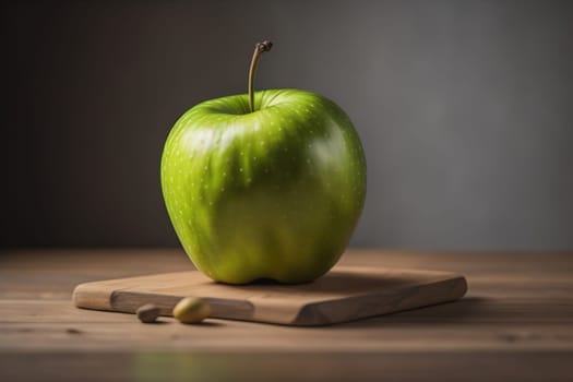 Green apple on a wooden table with dark background, shallow depth of field. The concept of healthy eating. ai generative