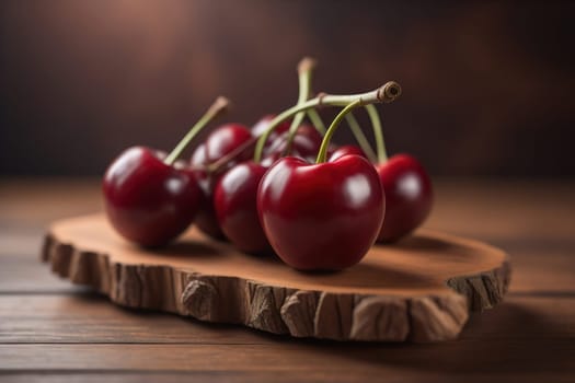 Red cherries on a wooden background. Close up. Selective focus. ai generative