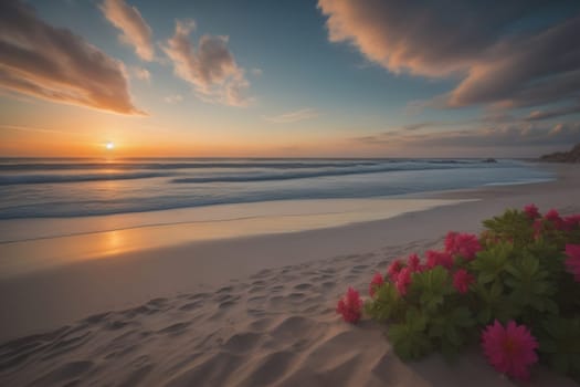 Beautiful sunset on the beach with reflection in the water. Long exposure. ai generative