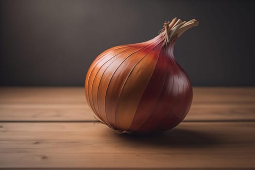 Three onions on a wooden table in front of a solid color background. ai generative