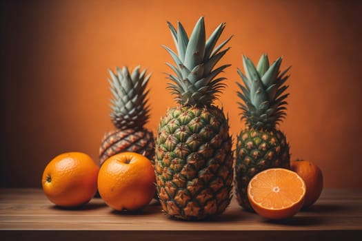 Pineapples on a wooden background. ai generative