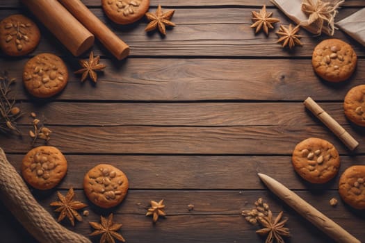 Cookies on a wooden table. Top view. ai generative