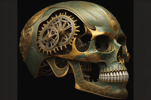 Human skull with gears and cogwheels. ai generative