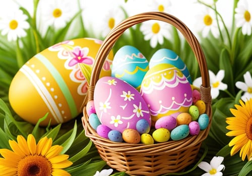 Easter bunny with colorful eggs in nest. ai generative