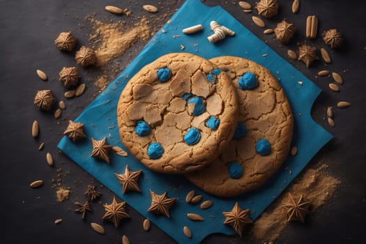 Chocolate chip cookies on orange background. Close up. Selective focus. ai generative