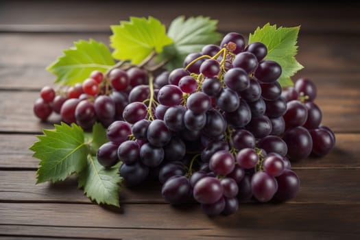 Bunch of fresh grapes on wooden table. Vintage style toned picture. ai generative