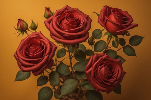 Red roses background. Top view of beautiful red roses with green leaves. ai generative