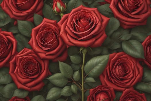 Red roses background. Top view of beautiful red roses with green leaves. ai generative