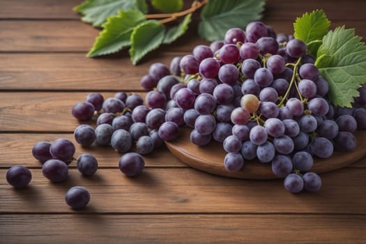 Bunch of fresh grapes on wooden table. Vintage style toned picture. ai generative
