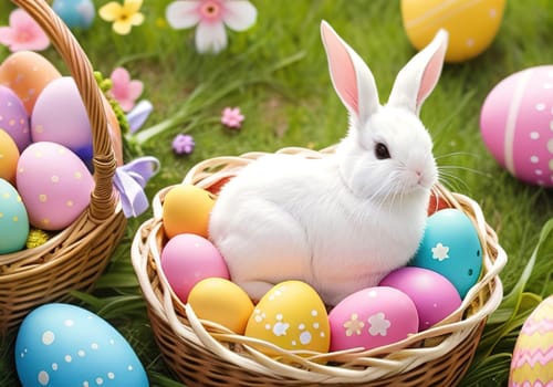 Easter bunny with colorful eggs in nest. ai generative