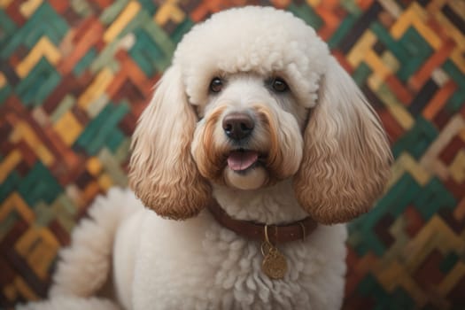 Close-up portrait of a poodle dog on a solid color background. ai generative