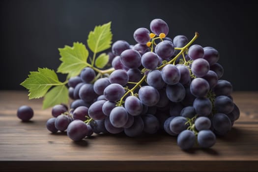 Bunch of fresh grapes on wooden table. Vintage style toned picture. ai generative