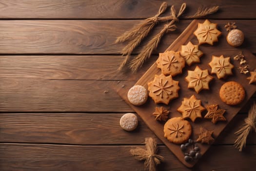 Cookies on a wooden table. Top view. ai generative