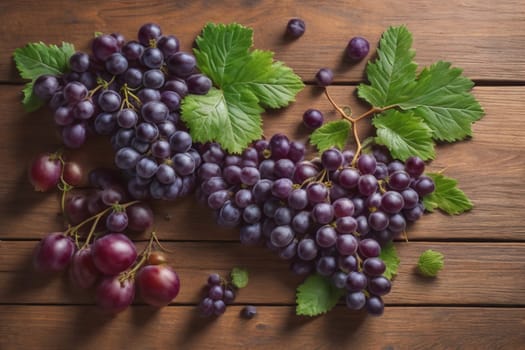 Bunch of fresh grapes on wooden table. Vintage style toned picture. ai generative