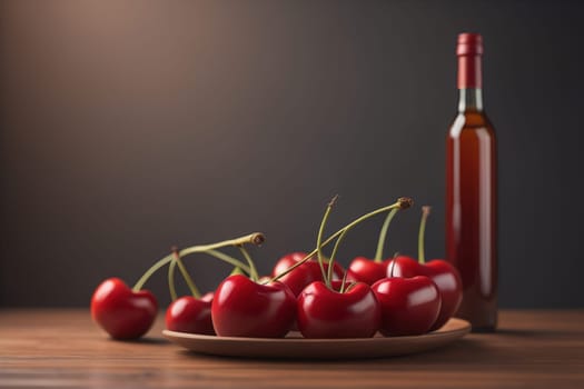 Red cherries on a wooden background. Close up. Selective focus. ai generative
