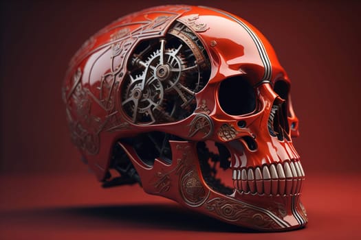 Human skull with gears and cogwheels. ai generative