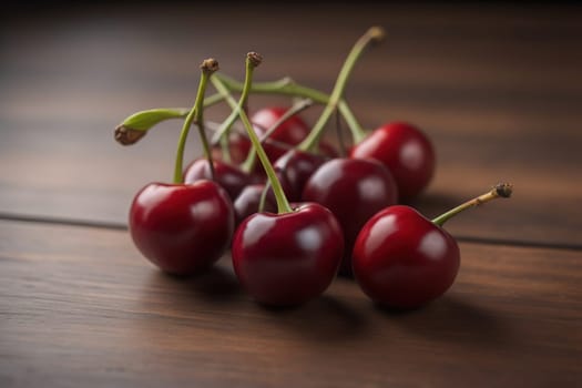 Red cherries on a wooden background. Close up. Selective focus. ai generative