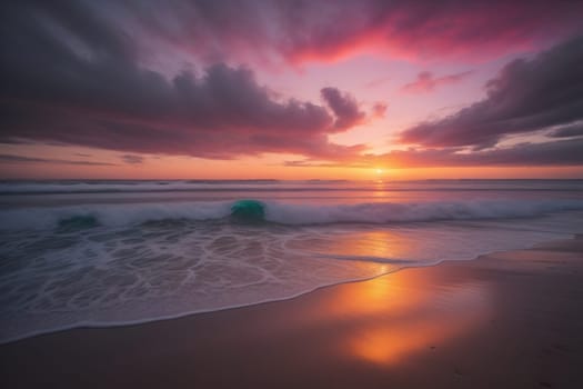 Beautiful sunset on the beach with reflection in the water. Long exposure. ai generative
