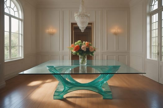 a glass table in a room. ai generative