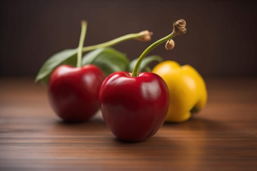 Red cherries on a wooden background. Close up. Selective focus. ai generative
