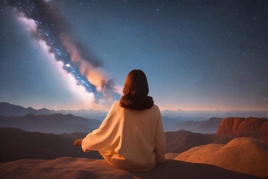 Woman looking at the starry sky with milky way in the mountains. ai generative